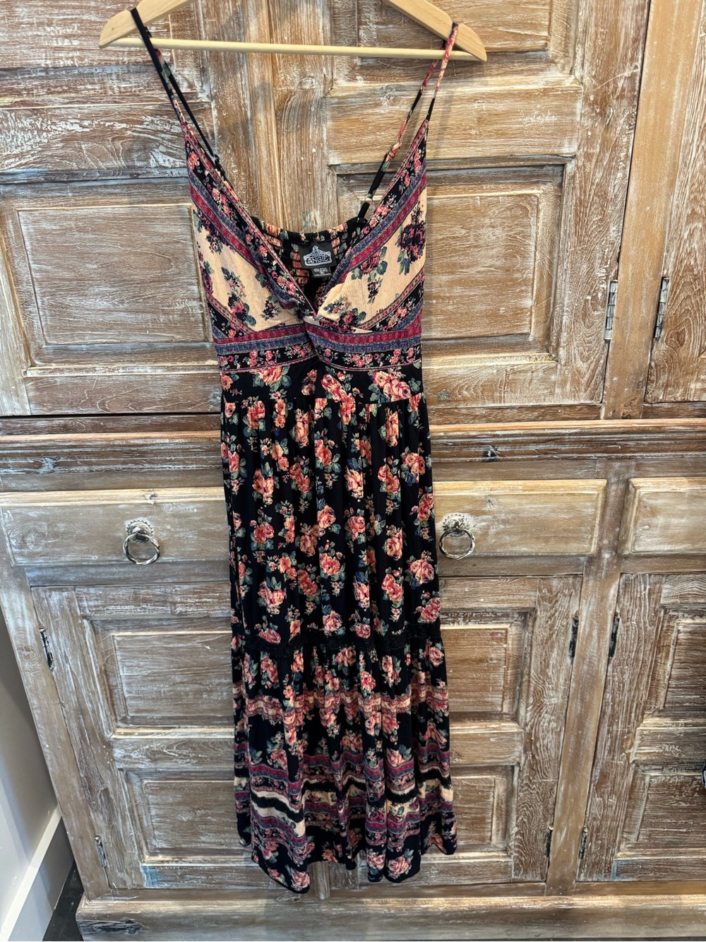 Angie Black Romantic Boho Prairie Western Dress with Pink Floral Print Summer - Picture 4 of 9